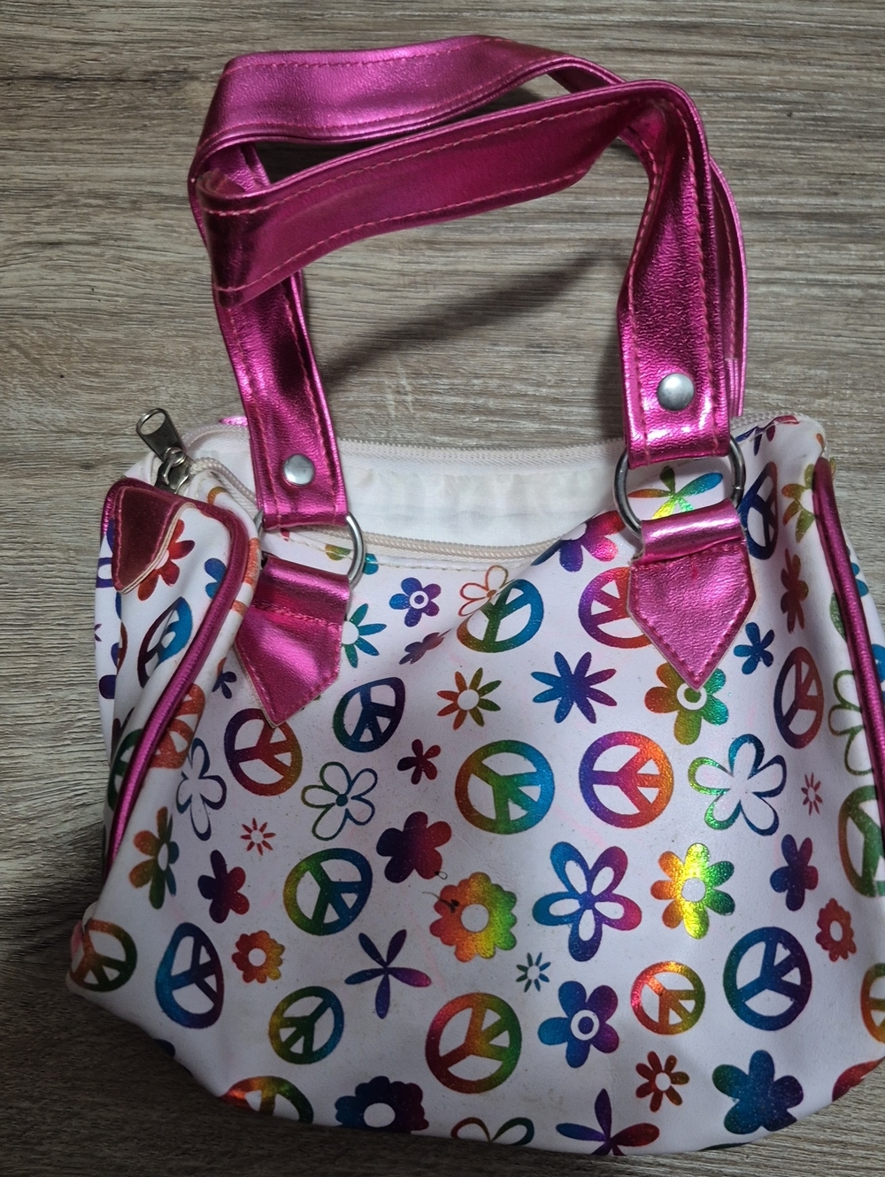 Metallic Pink Handle Rainbow Peace Sign Tote Bag